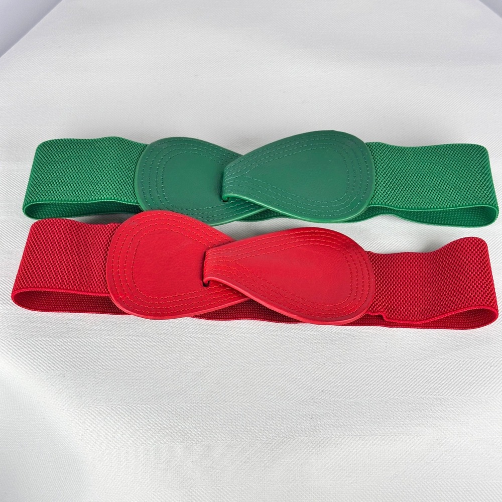 Retro Red and Green Elastic Cinch Belts with Interlocking Buckles